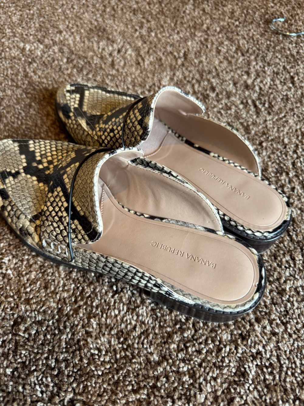 Banana Republic Snake-Print Backless Mules in Beige and Black